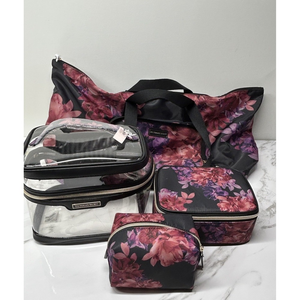 Victoria's Secret Floral Weekender Travel Bag 4 Pc Cosmetic Set NWT Pink Purple